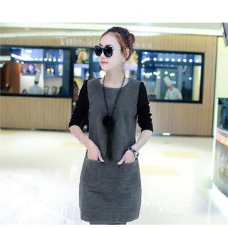 Đầm Dài Trung Bình Giả Hai Lớp Lót Lông Thời Trang Thu Đông Phong Cách Hàn Quốc Cho Nữ