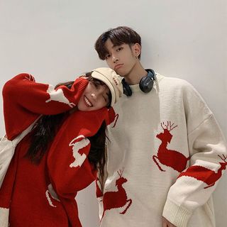 Áo sweater Cổ Tròn Dáng Rộng In Hình Tuần Lộc Giáng Sinh Thời Trang Thu Đông Cho Các Cặp Đôi