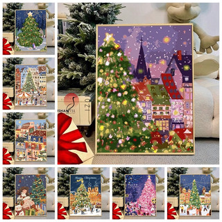 MOZI ✨Khung cảnh đường phố Giáng sinh với cây thông Noel 40*50CM tranh tô màu theo số tranh sơn dầu số hoá tranh số hóa theo yêu cầu sơn acrylic  trang sơn dầu số hóa Tranh Sơn Dầu Vẽ Tay Hình Cây Thông Giáng Sinh