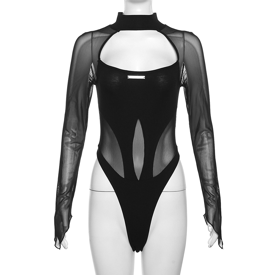 Cutenew Lưới Chắp Vá Rỗng Ra Dài Tay Body Nữ Skinny Màu Chặn Phong Cách Đường Phố Body