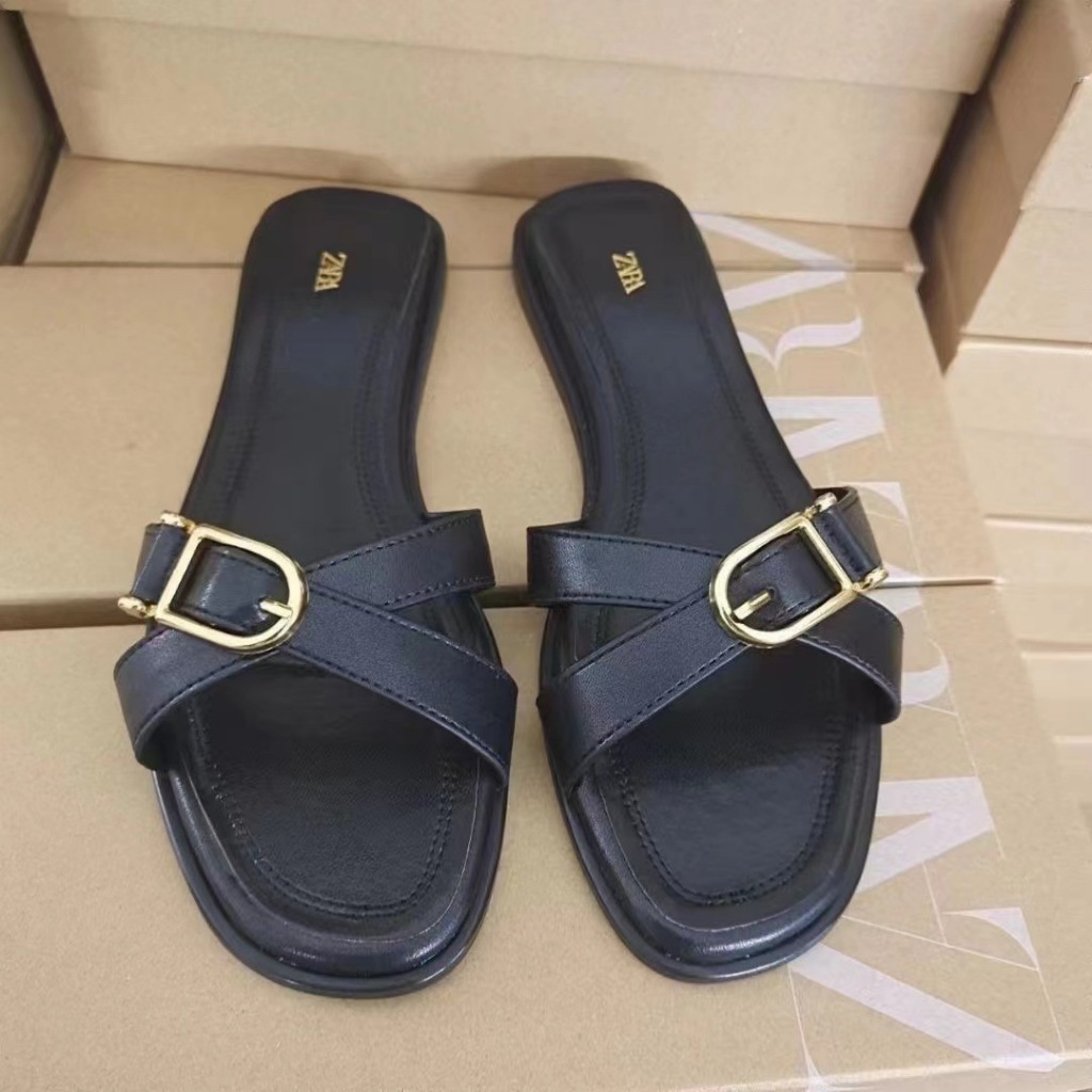 Zara Dép Sandal Đế Bằng Mũi Vuông Thời Trang Đi Biển 2024 Cho Nữ