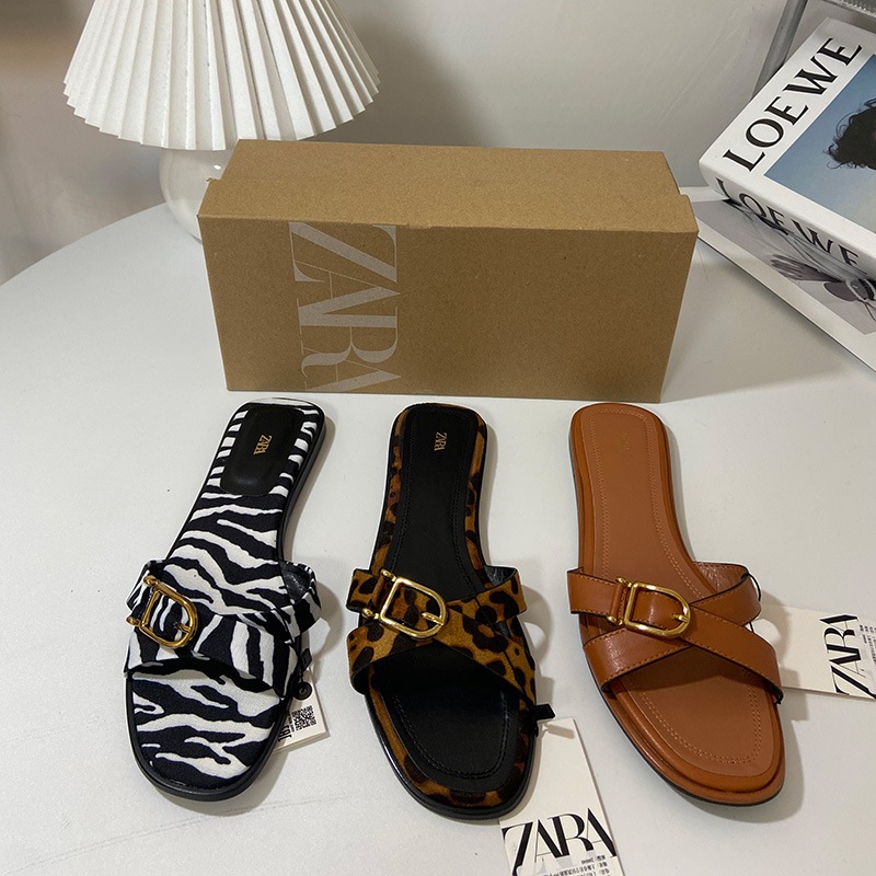 Zara Dép Sandal Đế Bằng Mũi Vuông Thời Trang Đi Biển 2024 Cho Nữ