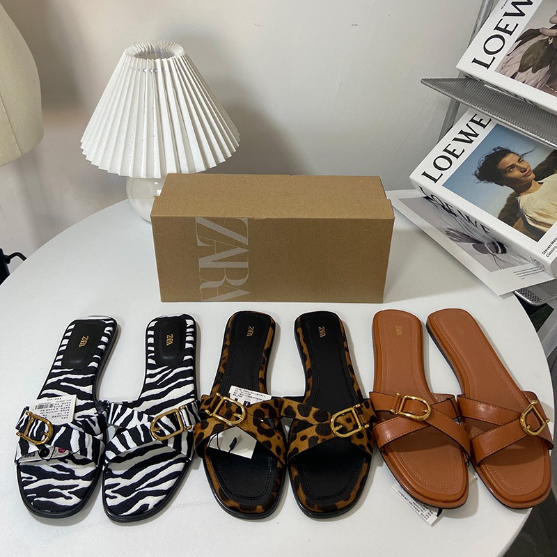 Zara Dép Sandal Đế Bằng Mũi Vuông Thời Trang Đi Biển 2024 Cho Nữ