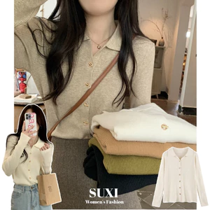 SUXI Áo sweater Dệt Kim Tay Dài Cổ polo Phối Nút Thời Trang Mùa Thu Cho Nữ