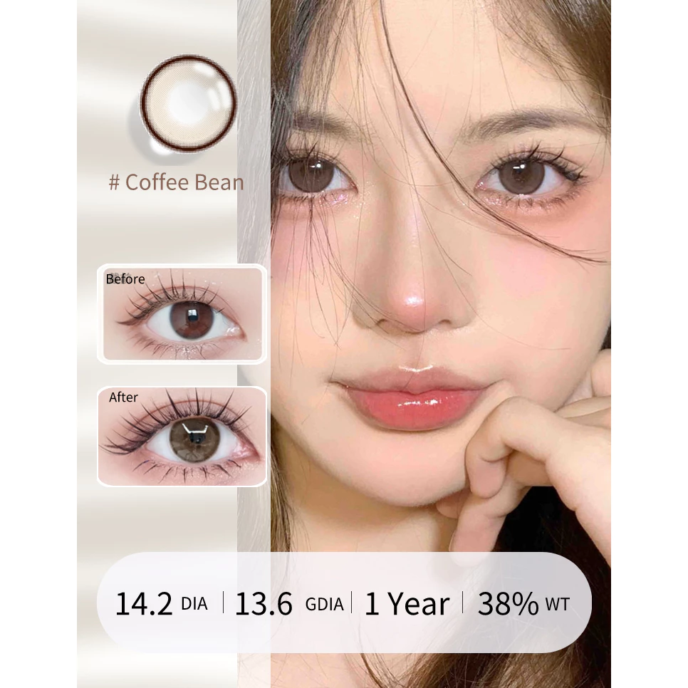 Cặp kính áp tròng CALK nhấp nháy tự nhiên màu nâu và đen thoáng khí đường kính 14.2mm/dùng 1 năm cho trường học/làm việc