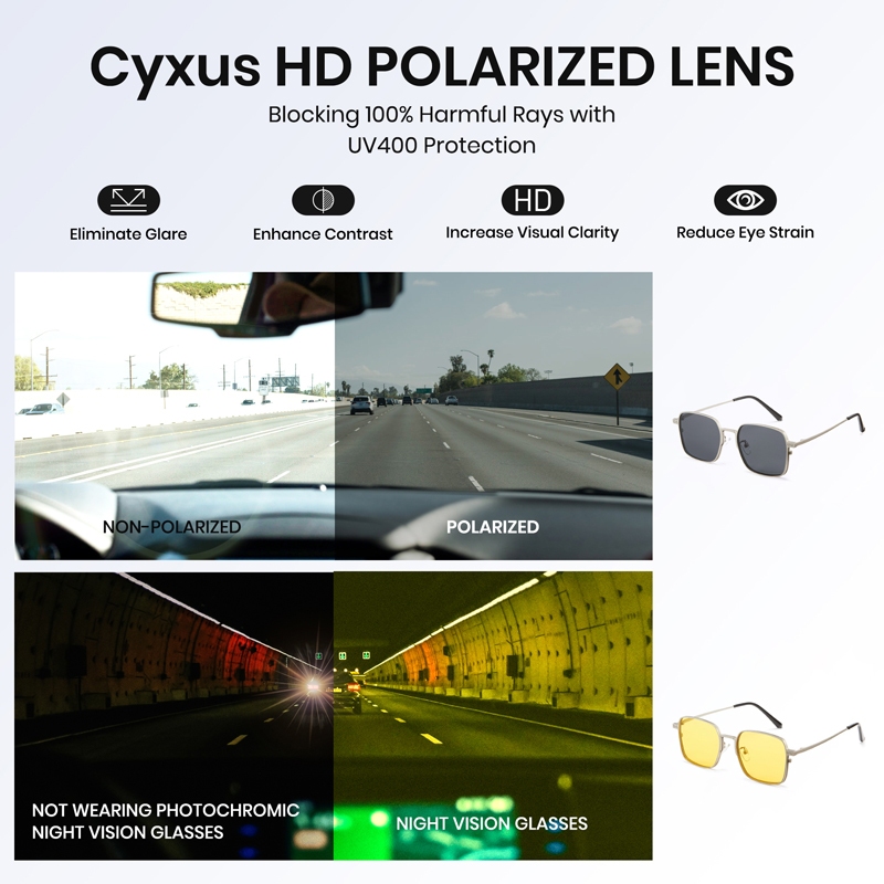 Cyxus Kính Mát 3 Trong 1 Từ Tính Phân Cực Chống Ánh Sáng Xanh UV400 Gọng Vuông Cho Nam Nữ Bảo Vệ Mắt Toàn Diện P1213
