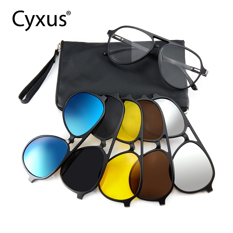 Cyxus Kính Mát 6 Trong 1 Từ Tính Phân Cực Chống Ánh Sáng Xanh UV400 Gọng Aviator TR90 Cho Nam Nữ Câu Cá Lái Xe P1207