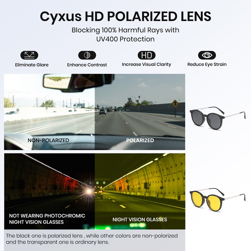 Cyxus Kính Mát 6 Trong 1 Gọng Tròn Từ Tính Chống Tia uv400 tr90 5 Tròng p1206x02 Cho Nam Nữ