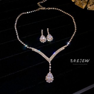 DREJEW Dây chuyền bông tai hình chữ V hình giọt nước nạm kim cương sang trọng và thời trang Bộ hai dây chuyền chuỗi xương đòn cao cấp dành cho nữ
