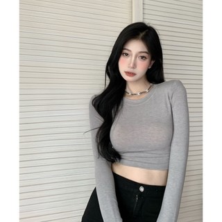 ZHELIHANGFEI Áo Croptop Tay Dài Cổ Tròn Form Ôm Chất Liệu Mỏng 8 Màu Thời Trang Quyến Rũ
