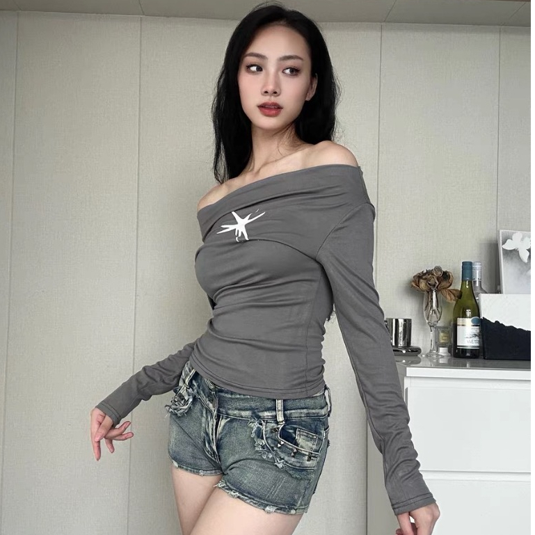 Áo trễ vai nữ Áo dài tay in họa tiết họa tiết dáng ôm vừa vặn