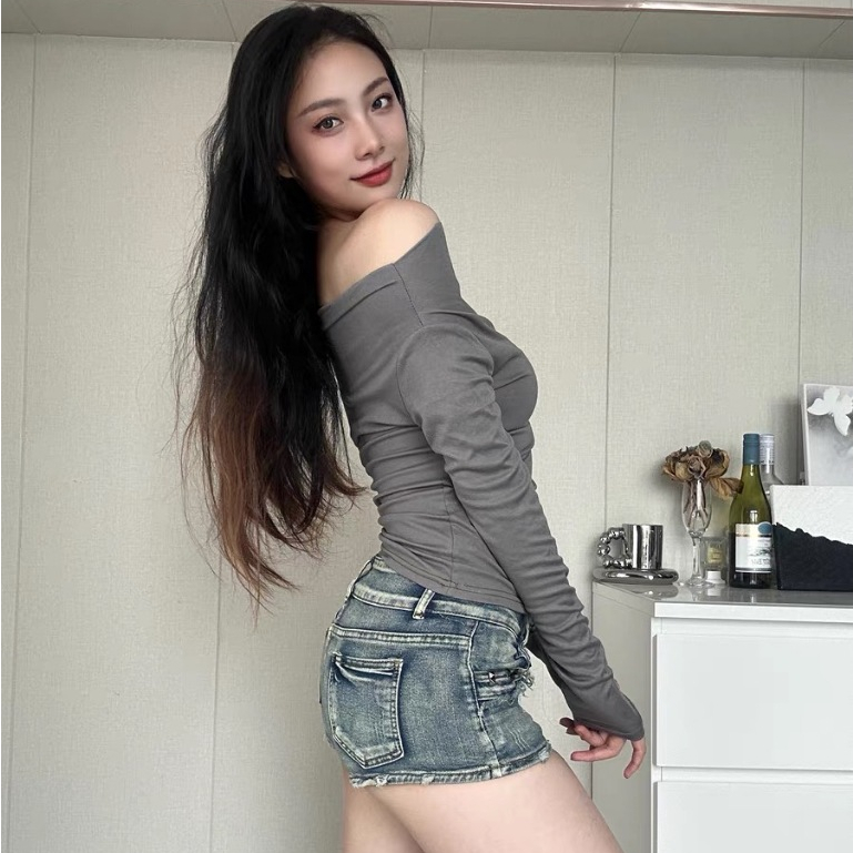 Áo trễ vai nữ Áo dài tay in họa tiết họa tiết dáng ôm vừa vặn