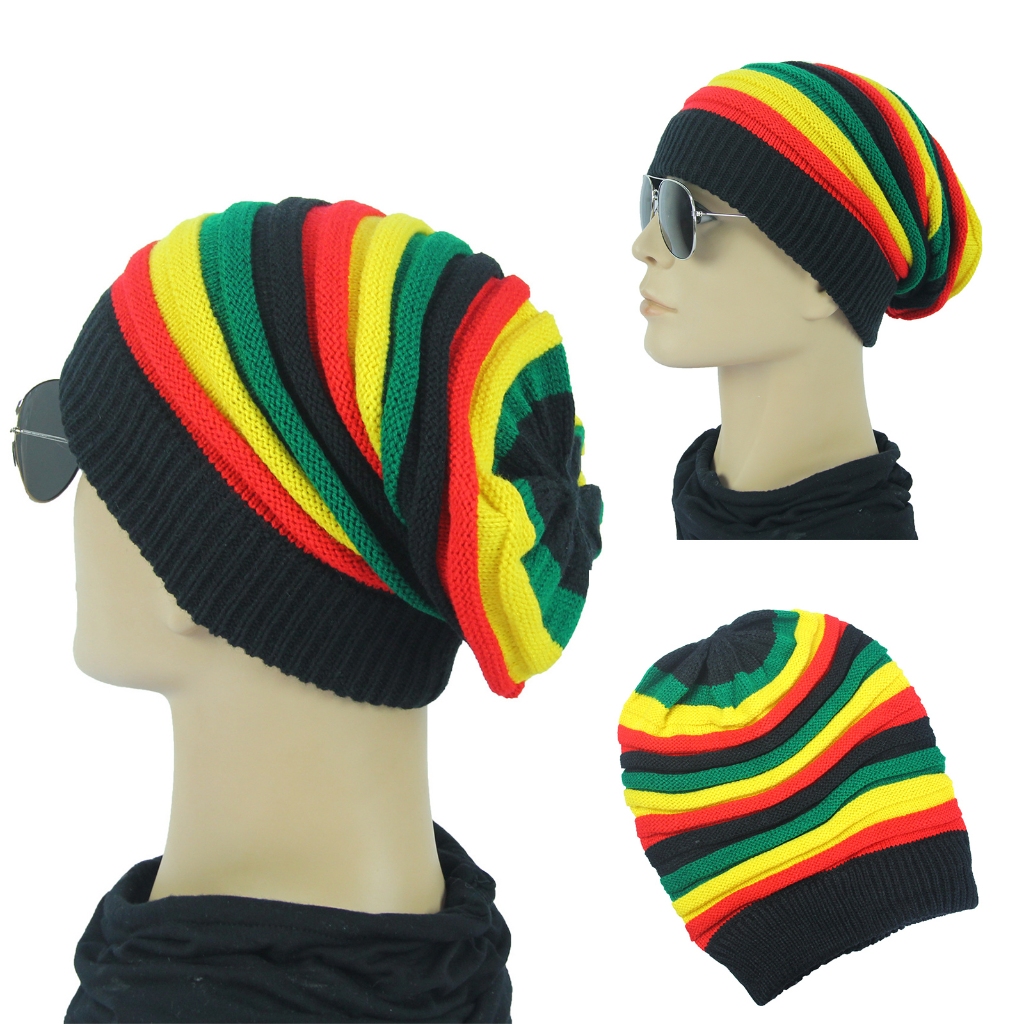 Rasta Reggae Baggy Đan Mũ Beanie Nồi Ấm Áp Quá Khổ Slouchy Jamaica Sọc Đầu Lâu Trượt Tuyết Mũ Móc Nhiều Màu Sắc Mũ Dệt Kim Hip Hop Thời Trang Tóc