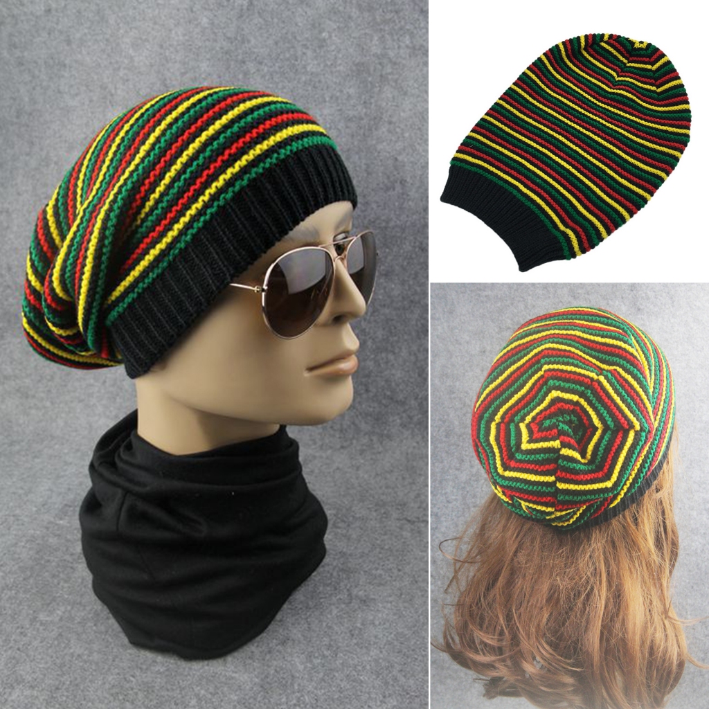Rasta Reggae Baggy Đan Mũ Beanie Nồi Ấm Áp Quá Khổ Slouchy Jamaica Sọc Đầu Lâu Trượt Tuyết Mũ Móc Nhiều Màu Sắc Mũ Dệt Kim Hip Hop Thời Trang Tóc