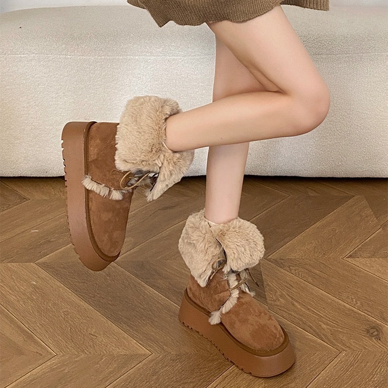 Phụ Nữ Giữa Ống Giày Bốt Mùa Đông Lông Cừu Lông Cừu Ấm Áp Tăng Chiều Cao 5CM Đế Dày Chống Trượt Giày Bốt Nâu Giữa-
