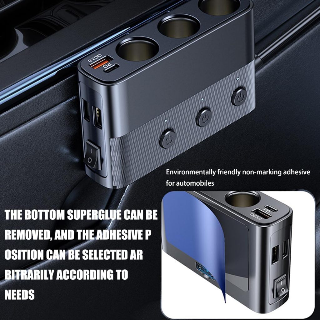 Bộ sạc ô tô 127w pd + qc3.0 bộ chuyển đổi sạc nhanh 3-socket power splitter 12-24v với 4 cổng usb công tắc bật-tắt màn hình volatge cho xe tải suv homm
