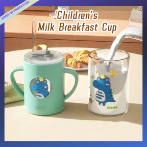 Cốc Uống Nước Thủy Tinh 300ml Có Tay Cầm Và Ống Hút Họa Tiết Hoạt Hình Cho Bé