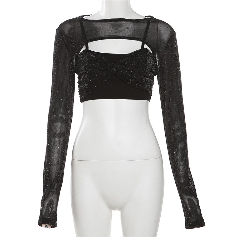 Dễ Thương Áo Thun Croptop Tay Dài Dáng Ôm Vải Gạc Ánh Kim Tuyến Lấp Lánh Đơn Giản Mềm Mại Co Giãn Dành Cho Bạn Nữ