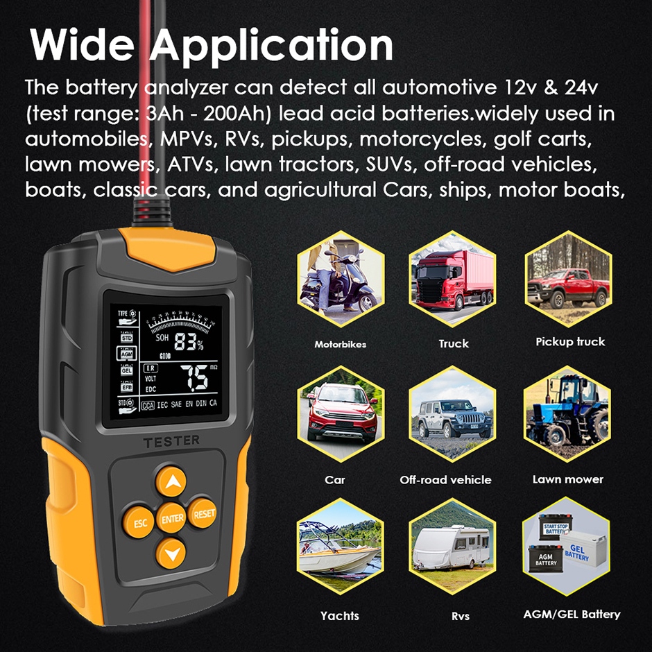 Máy kiểm tra pin ô tô FOXSUR 12V 24V 3Ah-200Ah cho công cụ kiểm tra phân tích pin LCD HONDA TOYOTA Máy phân tích kỹ thuật số cho xe tải Thuyền xe máy