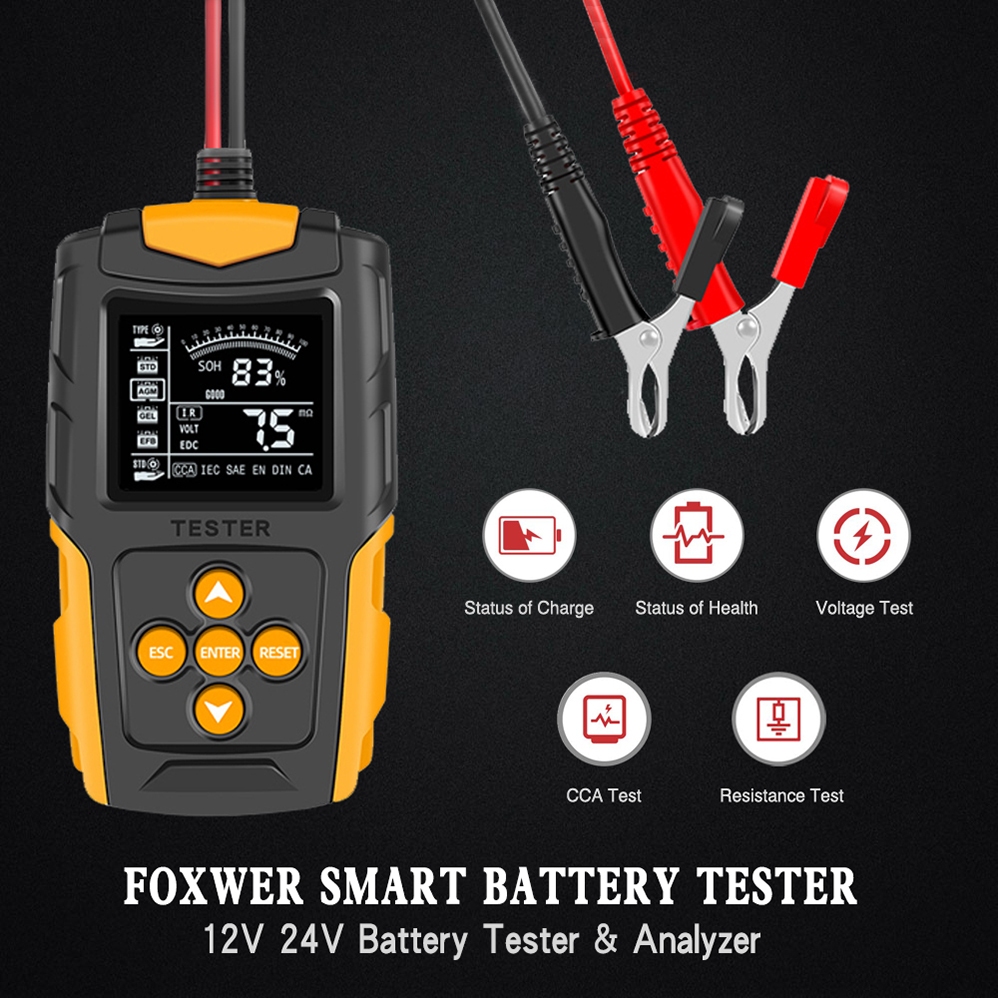 Máy kiểm tra pin ô tô FOXSUR 12V 24V 3Ah-200Ah cho công cụ kiểm tra phân tích pin LCD HONDA TOYOTA Máy phân tích kỹ thuật số cho xe tải Thuyền xe máy