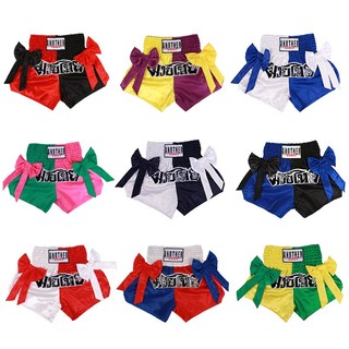 Quần Short Quyền Anh Có Nơ Cho Nam Nữ Bé Trai Bé Gái Muay Thái Thể Thao Satin Vải Thêu Chữ