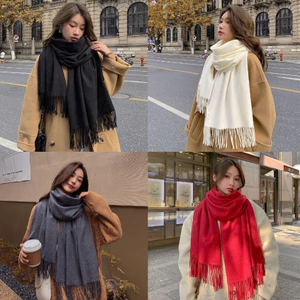 Khăn choàng len cashmere phối tua rua màu trơn đa năng phong cách Hàn Quốc mới
