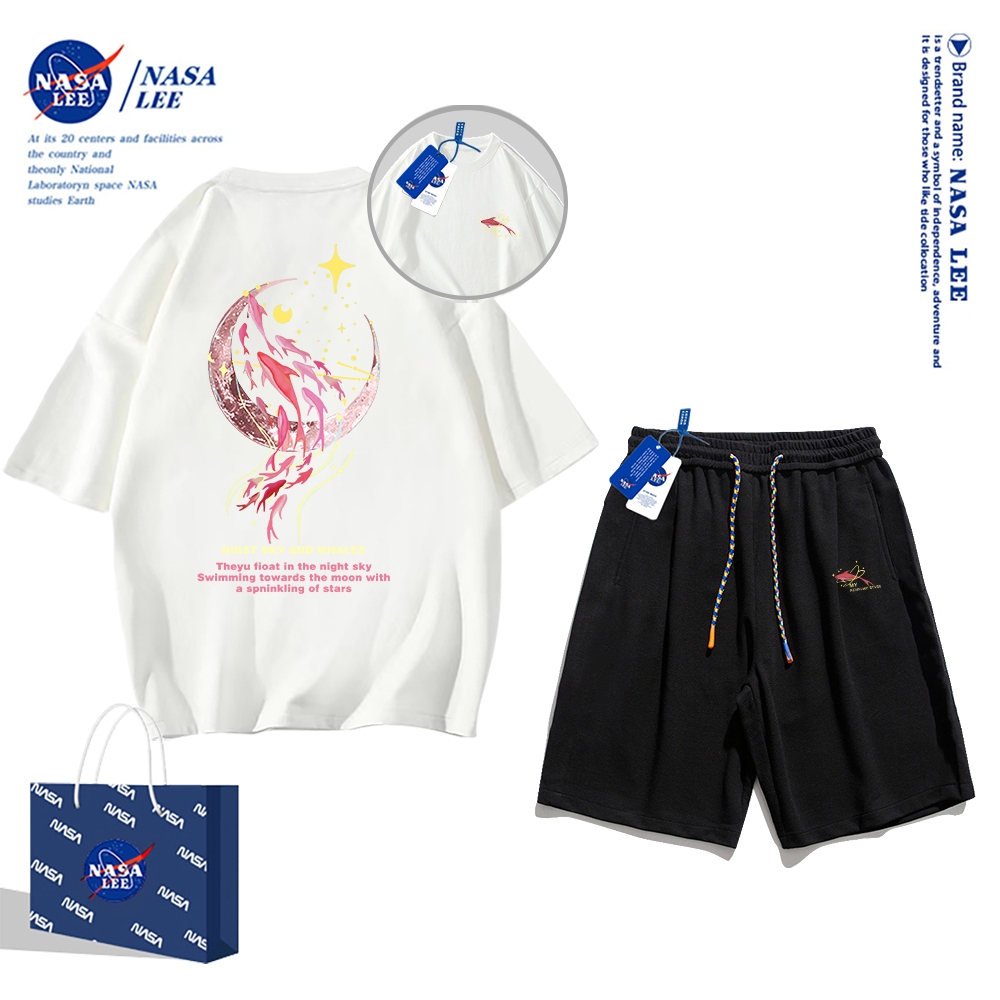 Set Đồ Thể Thao Ngắn Tay Form Rộng In Logo Nasa Thời Trang Mùa Hè 2024 Cho Nam Nữ