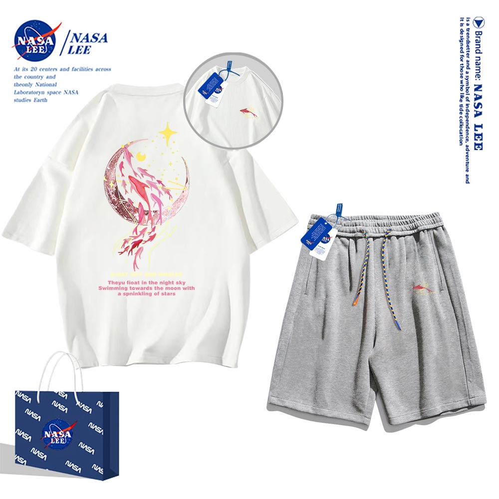 Set Đồ Thể Thao Ngắn Tay Form Rộng In Logo Nasa Thời Trang Mùa Hè 2024 Cho Nam Nữ