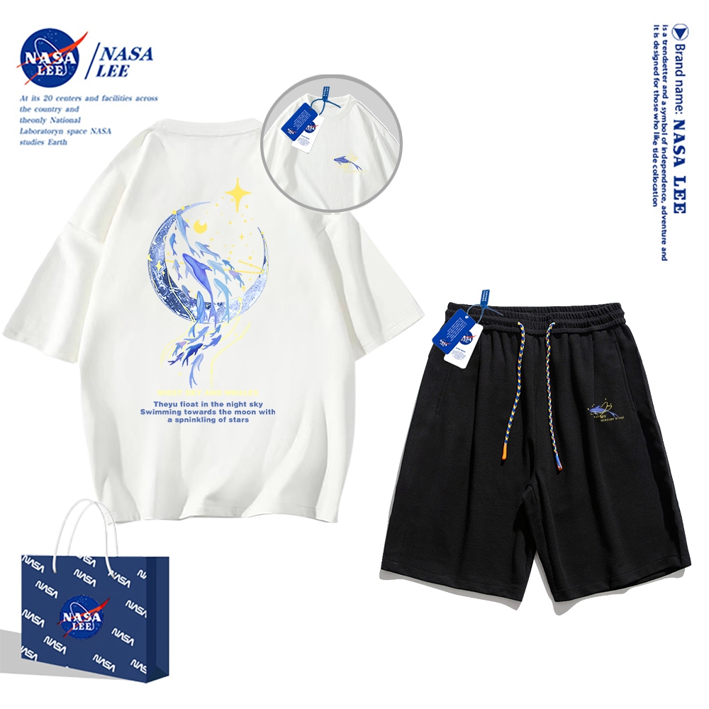 Set Đồ Thể Thao Ngắn Tay Form Rộng In Logo Nasa Thời Trang Mùa Hè 2024 Cho Nam Nữ