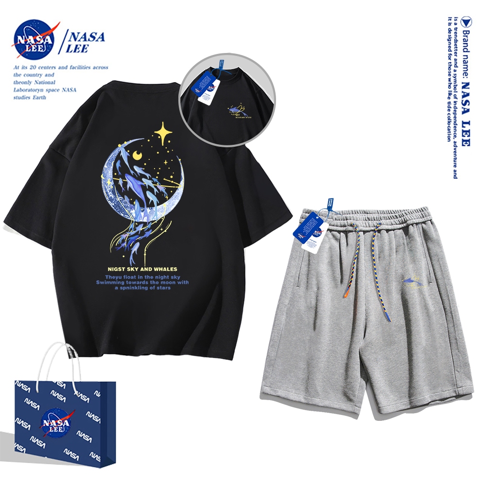 Set Đồ Thể Thao Ngắn Tay Form Rộng In Logo Nasa Thời Trang Mùa Hè 2024 Cho Nam Nữ