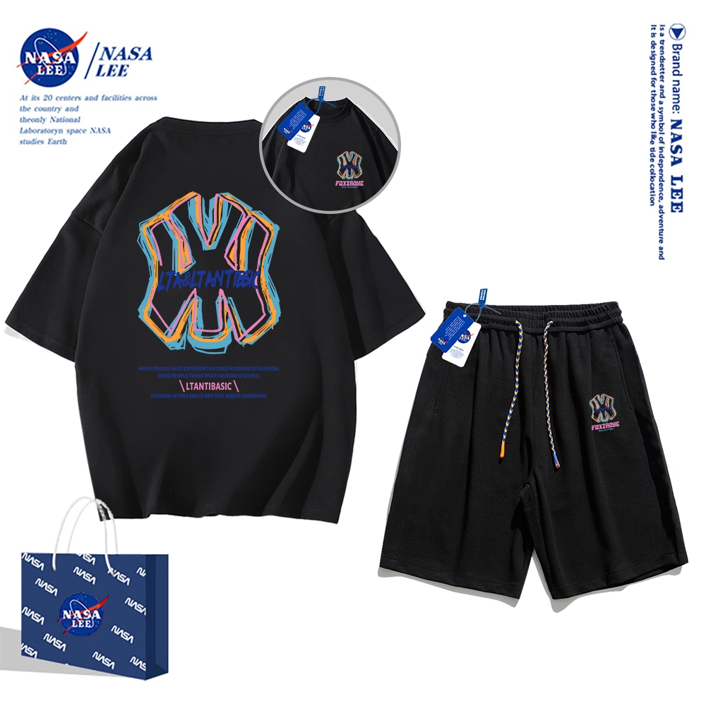 Set Đồ Thể Thao Ngắn Tay Form Rộng In Logo Nasa Thời Trang Mùa Hè 2024 Cho Nam Nữ