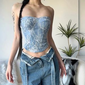 Áo Hai Dây Phối Ren Hoa Màu Xanh Dương Phong Cách Retro Gợi Cảm Cho Nữ
