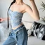 Áo Hai Dây Phối Ren Hoa Màu Xanh Dương Phong Cách Retro Gợi Cảm Cho Nữ