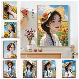 MOZI✨Cô gái trong biển hoa 40*50cm tranh sơn dầu số hoá tranh số hóa tranh tô màu số hoá tranh số hoá theo yêu cầu tô màu theo số sơn theo sốTranh Sơn Dầu Kỹ Thuật Số Tự Làm Hình Cô Gái Và Hoa / Mặt Trời Dễ Thương Dùng Trang Trí