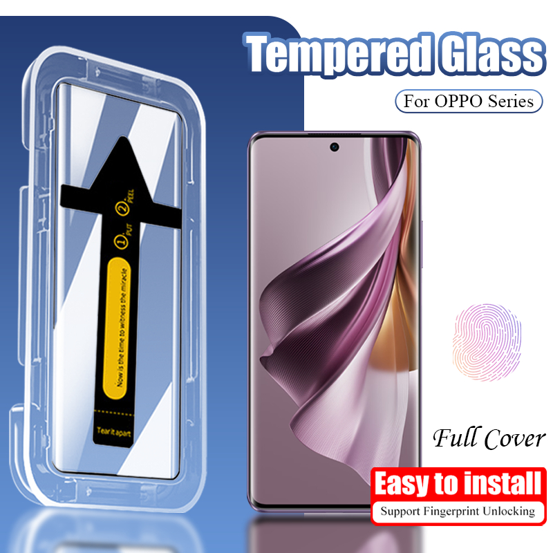 Dễ Dàng Lắp Đặt Kính Cường Lực Cho OPPO Reno 13 12 F 11 10 9 7 8T 6 5 4 3 A1 Pro + Reno8 T 5G Bảo Vệ Màn Hình Cạnh Keo Hỗ Trợ Mở Khóa Vân Tay Cho OPPO Find X8 X6 X5 X3 C