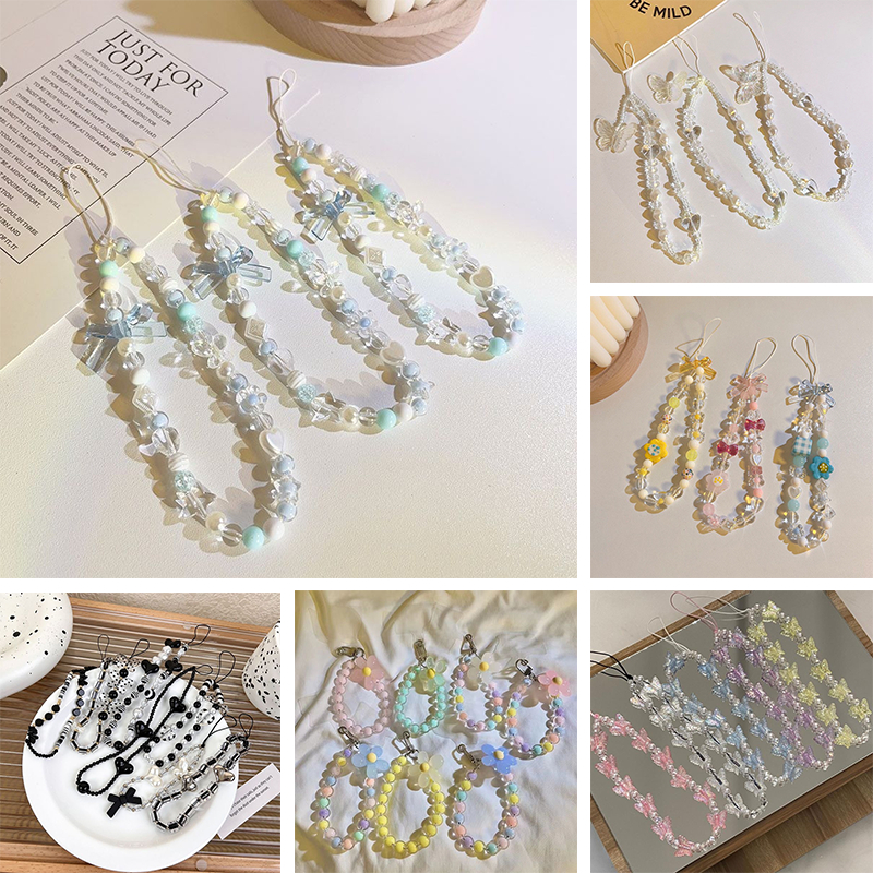 Ins Dây Đeo Điện Thoại acrylic Đính Hạt Ngọc Trai Hình Trái Tim Nơ Bướm Thời Trang Thông Dụng Dành Cho Nữ