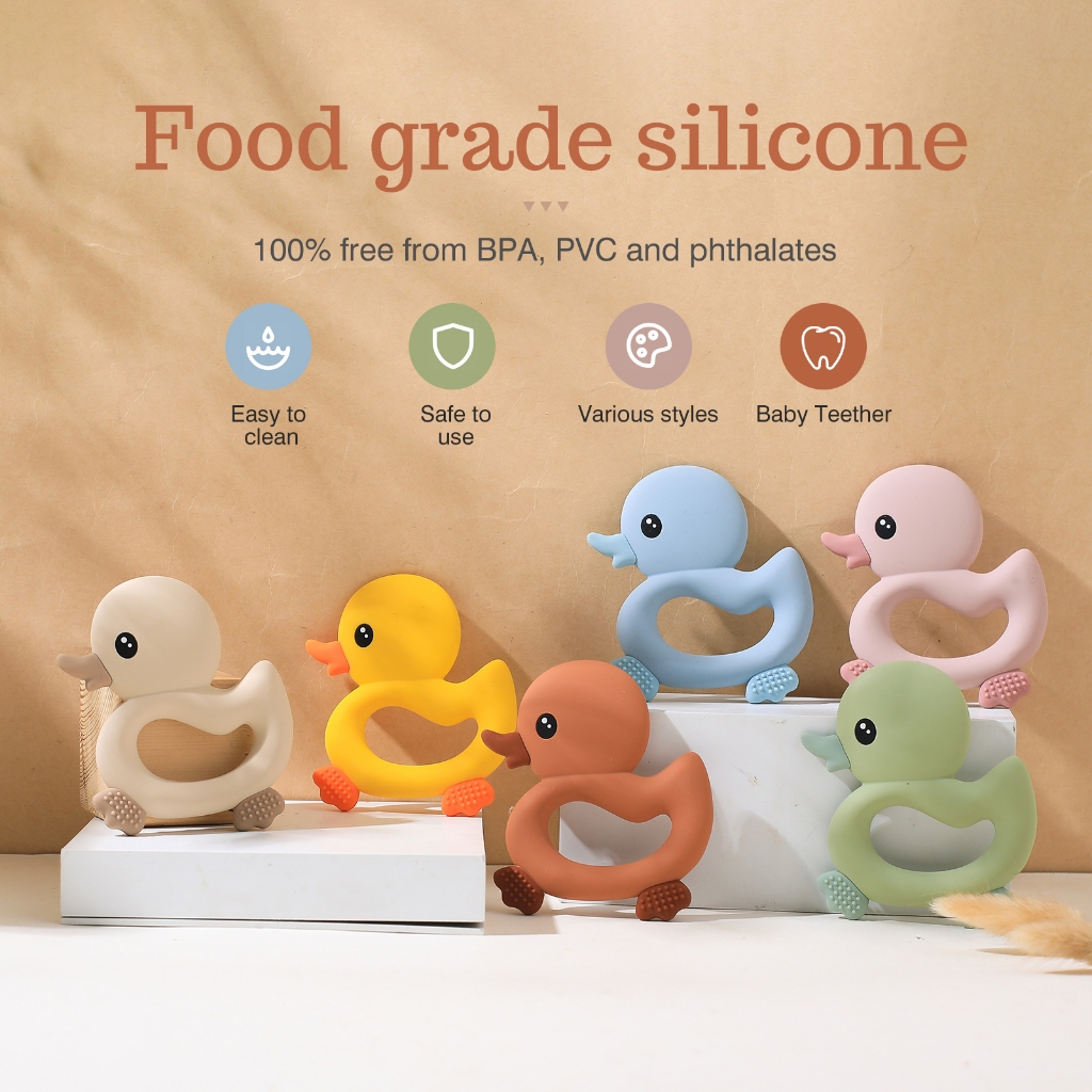 Ảnh Đồ Chơi Gặm Nướu Bằng Silicone 100% Cấp Thực Phẩm Không BPA Hình Vịt Hoạt Hình Dành Cho Bé 1