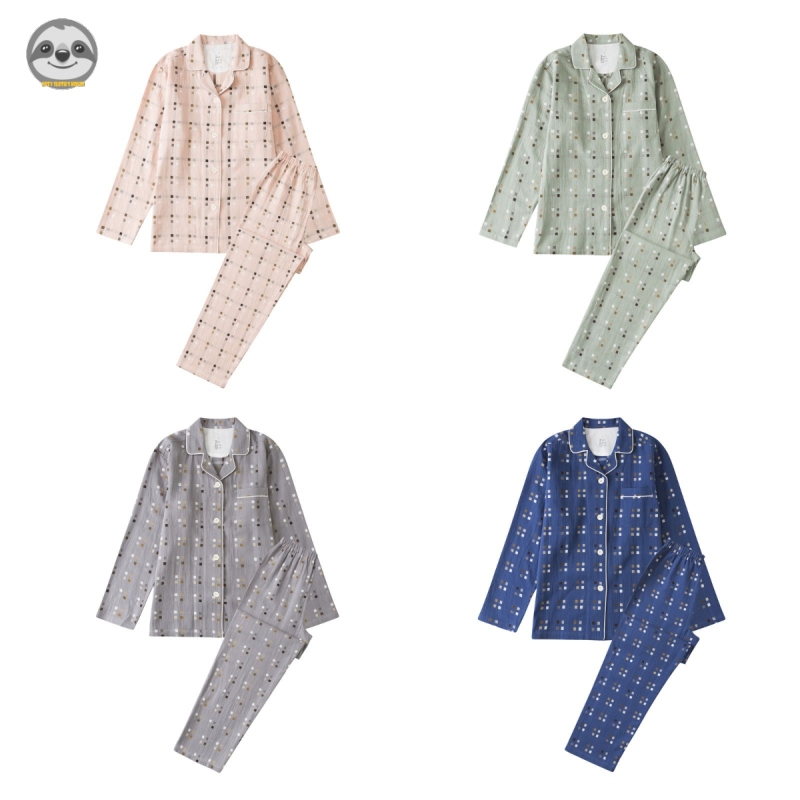 Phong cách Nhật Bản Muji Style / Quần áo dài tay bằng lưới bốn cung điện / Bộ đồ gạc hai lớp bằng Cotton nguyên chất / Quần áo dài cặp đôi thân thiện với da / Thoáng khí
