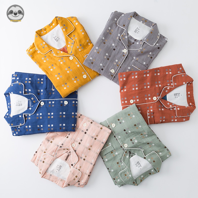 Phong cách Nhật Bản Muji Style / Quần áo dài tay bằng lưới bốn cung điện / Bộ đồ gạc hai lớp bằng Cotton nguyên chất / Quần áo dài cặp đôi thân thiện với da / Thoáng khí