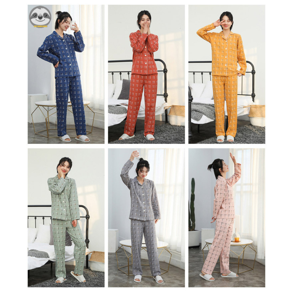 Phong cách Nhật Bản Muji Style / Quần áo dài tay bằng lưới bốn cung điện / Bộ đồ gạc hai lớp bằng Cotton nguyên chất / Quần áo dài cặp đôi thân thiện với da / Thoáng khí