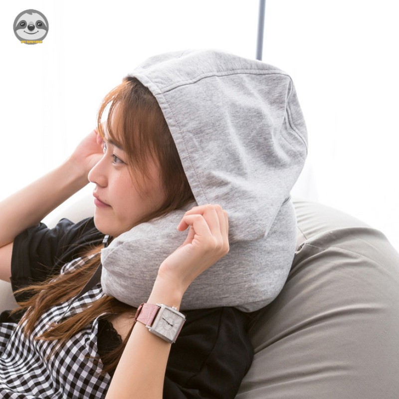 Gối hình chữ U có mũ trùm đầu phong cách Muji, cotton, thiết yếu du lịch/nghỉ trưa