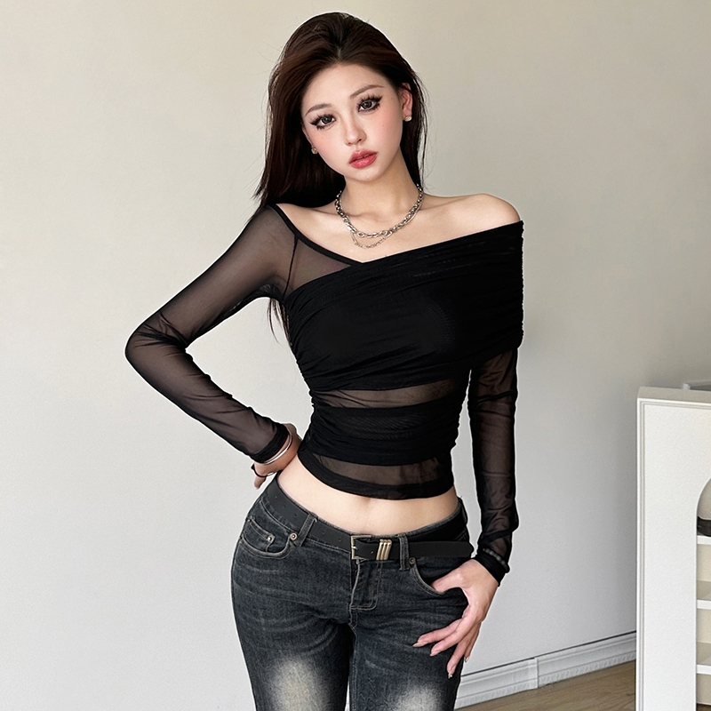 Áo Thun Croptop Tay Dài Hở Vai Dáng Ôm Màu Đen Trơn Thời Trang Quyến Rũ Cho Nữ