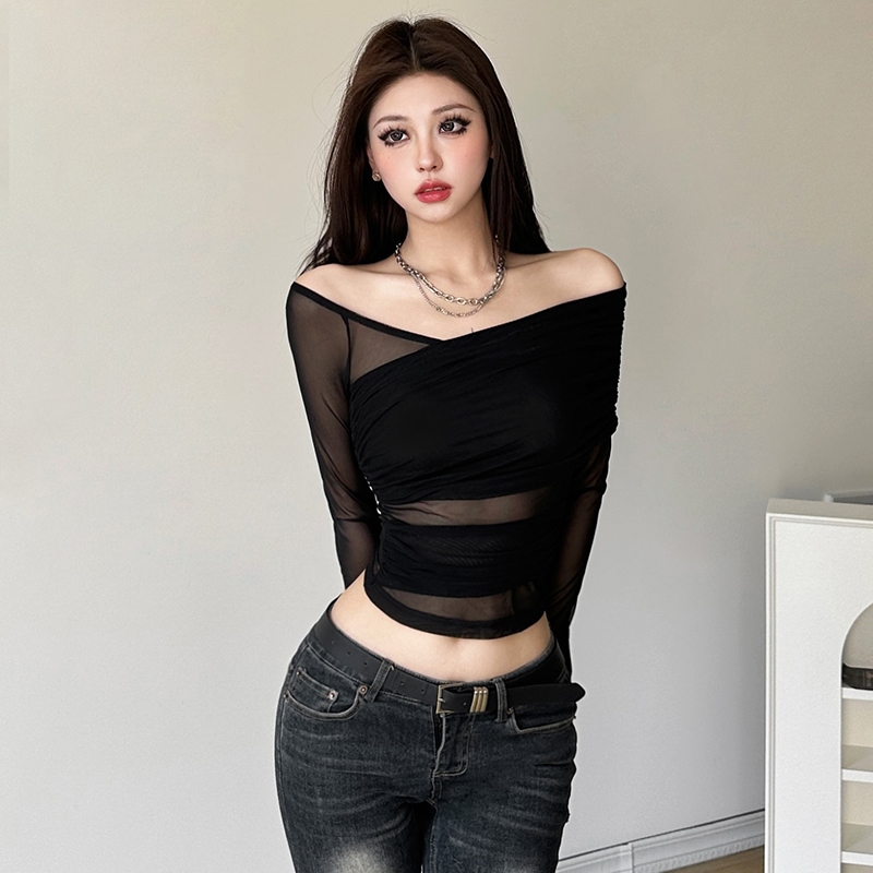 Áo Thun Croptop Tay Dài Hở Vai Dáng Ôm Màu Đen Trơn Thời Trang Quyến Rũ Cho Nữ