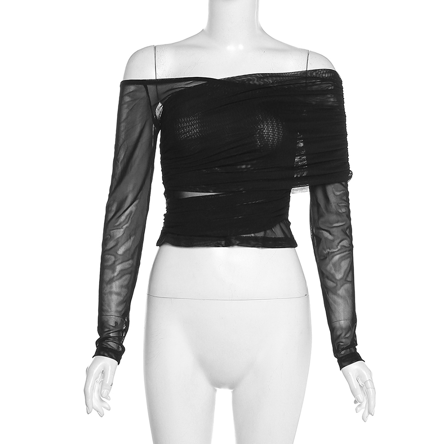 Áo Thun Croptop Tay Dài Hở Vai Dáng Ôm Màu Đen Trơn Thời Trang Quyến Rũ Cho Nữ