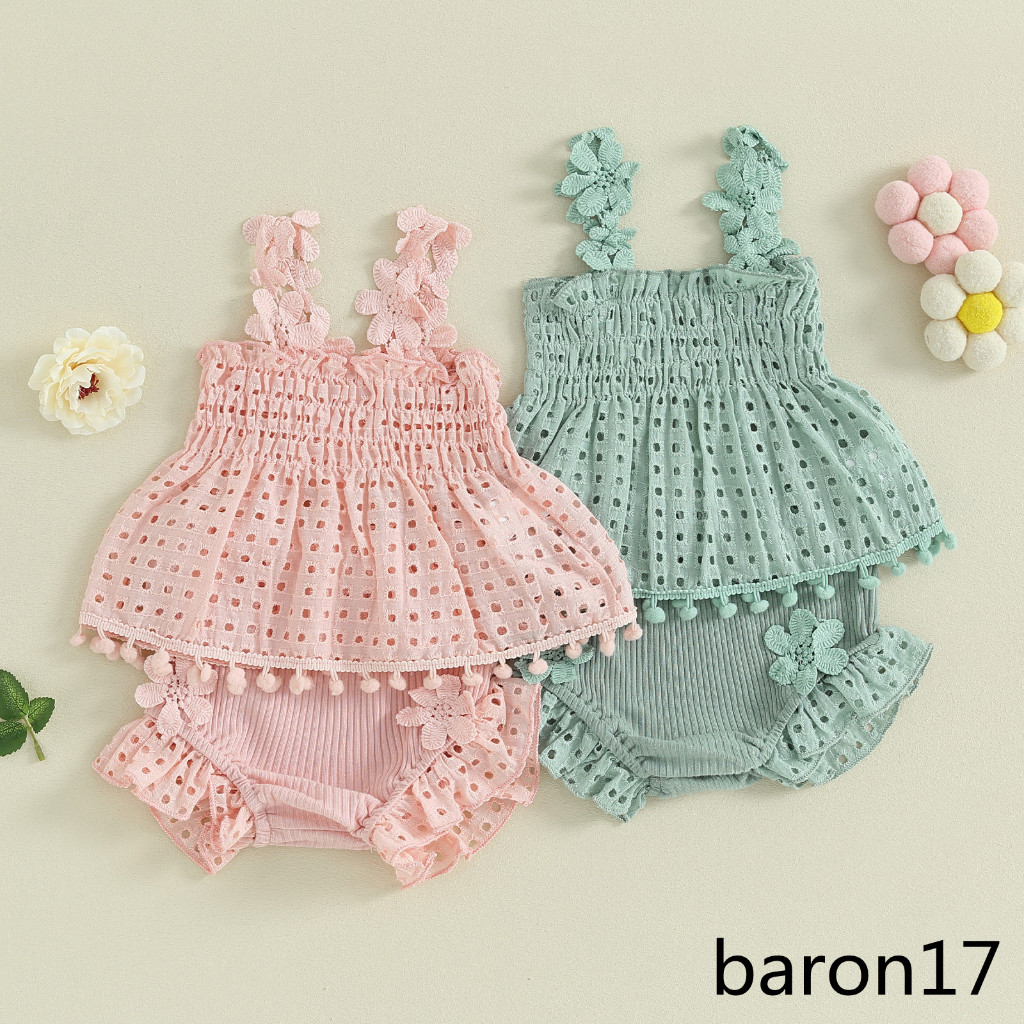 Set Đồ 2 Món Gồm Áo Không Tay Họa Tiết Hoa Rỗng Xếp Ly + Quần Ngắn Dệt Kim Cho Bé Gái Sơ Sinh