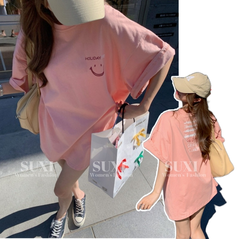 Suxi Phong Cách Hàn Quốc Tối Giản In Hình Cotton Thời Trang Rời Cổ Tròn Quá Khổ Áo Thun Tay Ngắn 20240111