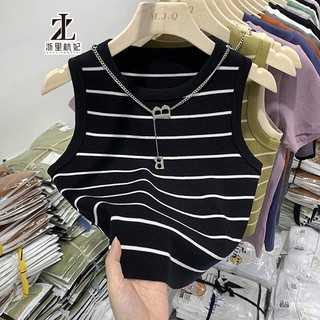Áo dệt kim ZHELIHANGFEI không tay kẻ sọc lưng cao quyến rũ thời trang cho nữ(gửi Vòng cổ)