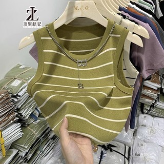 Áo dệt kim ZHELIHANGFEI không tay kẻ sọc lưng cao quyến rũ thời trang cho nữ(gửi Vòng cổ)