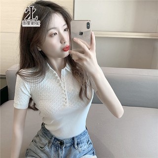 Áo thun polo ZHELIHANGFEI ngắn tay dáng ôm vải lụa lạnh đính nút ngọc trai thời trang cho nữ