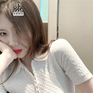 Áo thun polo ZHELIHANGFEI ngắn tay dáng ôm vải lụa lạnh đính nút ngọc trai thời trang cho nữ